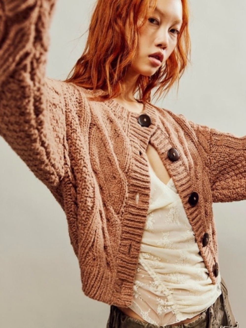 FREE PEOPLE Bonfire Cableknit Cardi in Cameo Brown/Pink Combo
